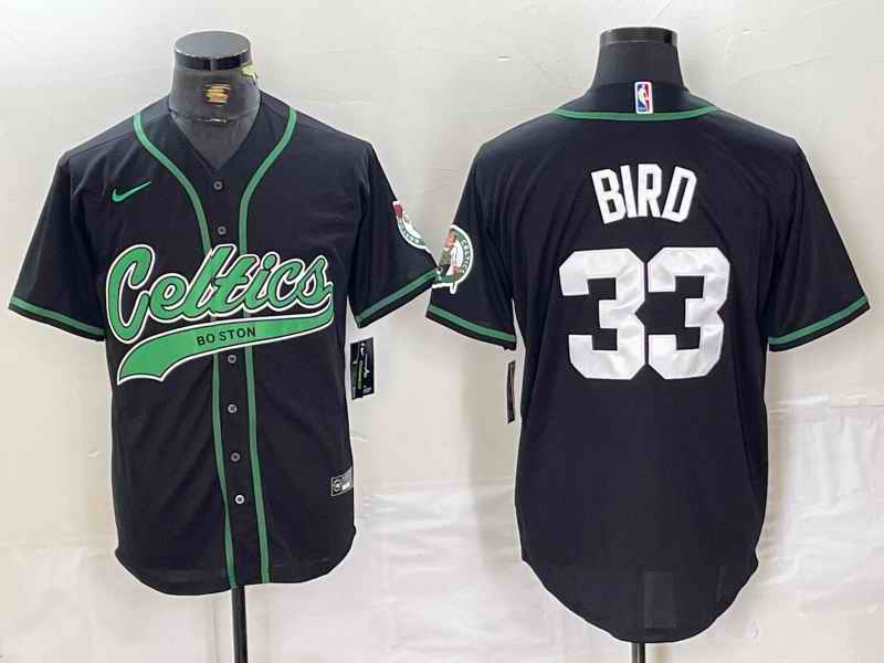 Men's Boston Celtics #33 Larry Bird Black With Patch Stitched Baseball Jersey