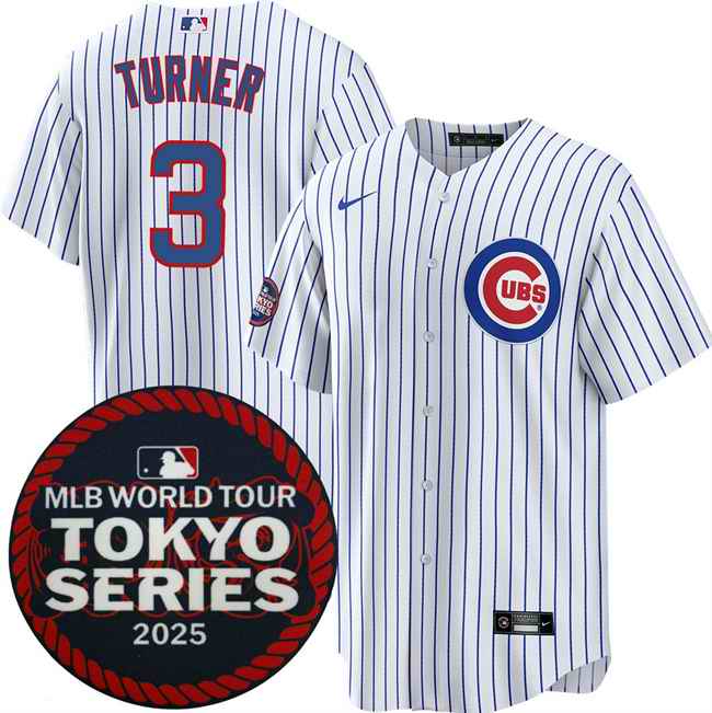 Men's Chicago Cubs #3 Justin Turner White 2025 World Tour: Tokyo Series Home Stitched Baseball Jersey