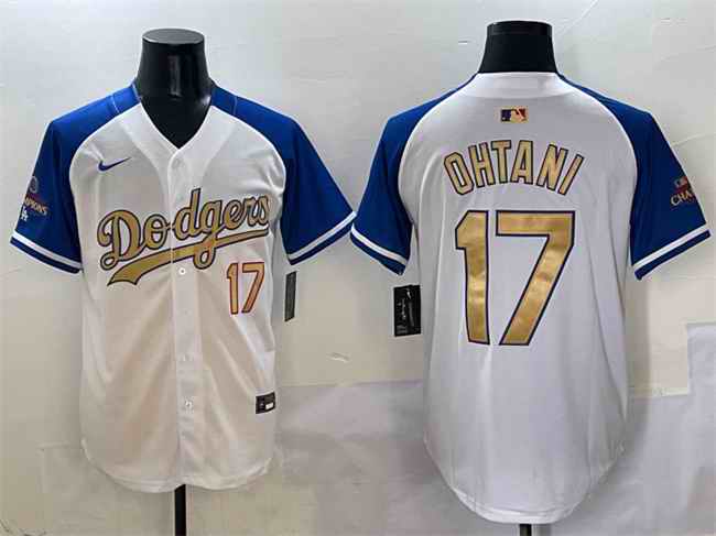 Men's Los Angeles Dodgers #17 Shohei Ohtani White/Royal/Gold 2024 World Series Champions Vapor Limited Stitched Baseball Jersey