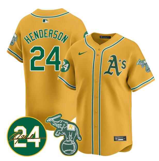 Men's Oakland Athletics #24 Rickey Henderson Yellow 2024 Limited With Patch Stitched Jersey