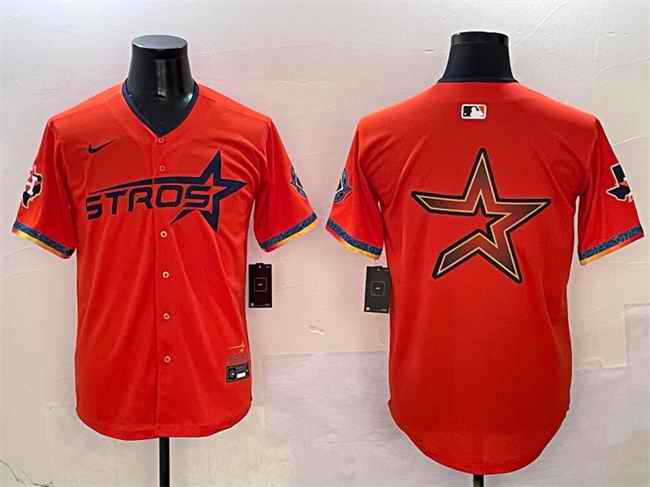 Men's Houston Astros Team Big Logo Orange 2025 City Connect With Texas Patch Limited Stitched Baseball Jersey 002