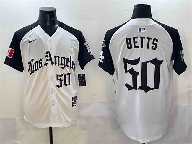 Men's Los Angeles Dodgers #50 Mookie Betts White/Black Mexico 2025 LA Gothic Style With Fernando Patch Vapor Premier Limited Stitched Baseball Jersey