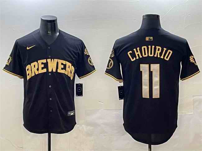 Men's Milwaukee Brewers #11 Jackson Chourio Black/Gold With Home Patch Limited Stitched Baseball Jersey