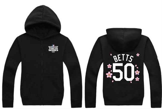 Men's Los Angeles Dodgers #50 Mookie Betts Black 2025 Tokyo Series Full-Zip Hoodie