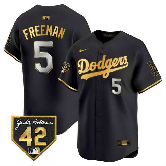 Men's Los Angeles Dodgers #5 Freddie Freeman Black/Gold With Jackie Robinson Patch Limited Stitched Baseball Jersey