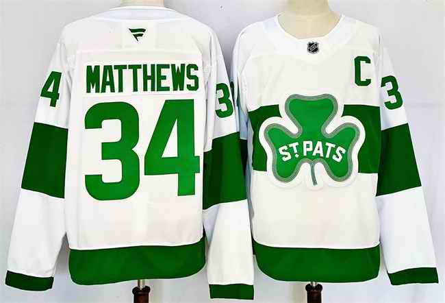 Men's Toronto Maple Leafs #34 Auston Matthews White/Green 2024-25 With C Patch Stitched Jersey
