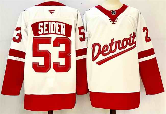 Men's Detroit Red Wings #53 Moritz Seider White/Red 2024-25 Stitched Jersey