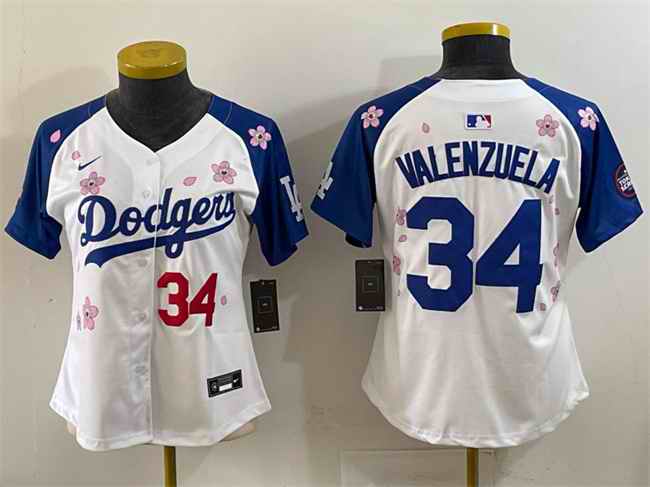 Women's Los Angeles Dodgers #34 Fernando Valenzuela White/Royal 2025 Tokyo Series Limited Stitched Baseball Jersey(Run Small)