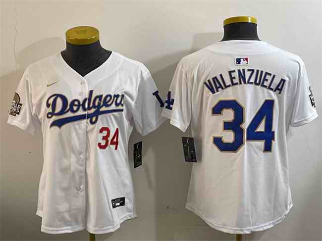 Women's Los Angeles Dodgers #34 Toro Valenzuela White Gold 2024 World Series Home Limited Stitched Baseball Jersey(Run Small)