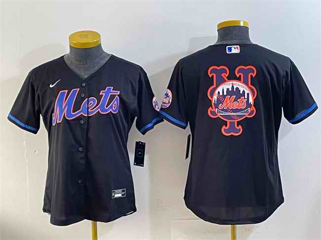 Youth New York Mets Team Big Logo Black Cool Base Stitched Baseball Jersey