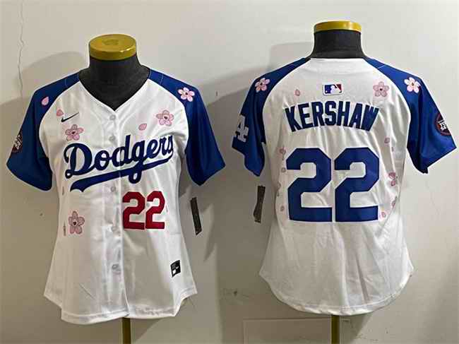 Youth Los Angeles Dodgers #22 Clayton Kershaw White/Royal 2025 Tokyo Series Limited Stitched Baseball Jersey