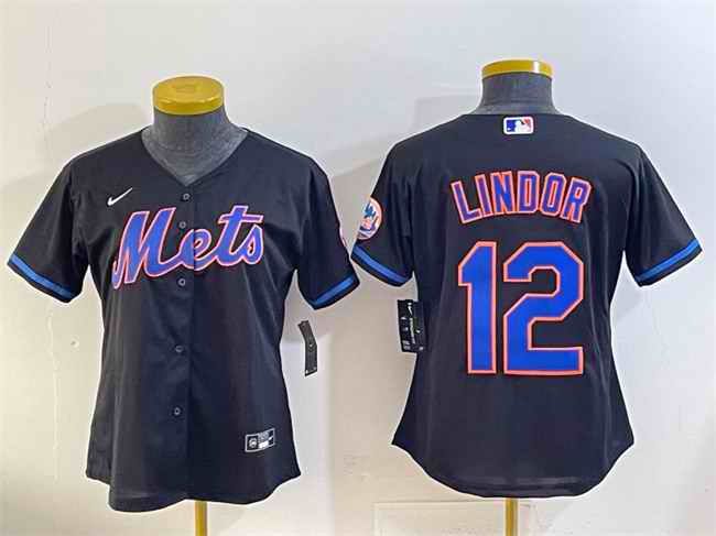 Youth New York Mets #12 Francisco Lindor Black Cool Base Stitched Baseball Jersey
