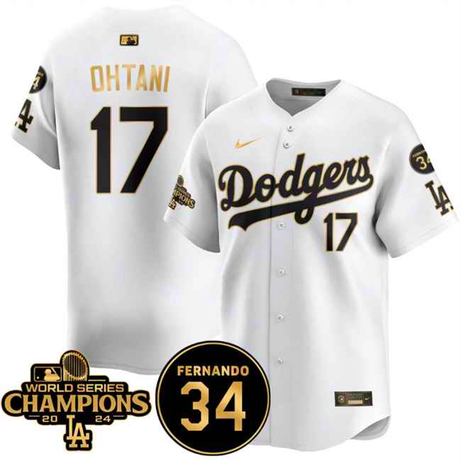 Youth Los Angeles Dodgers #17 Shohei Ohtani White/Gold 2024 World Series Champions & Fernando Memorial Patch Vapor Premier Limited Stitched Baseball Jersey