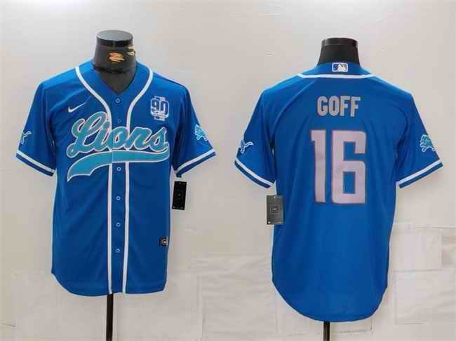 Men's Detroit Lions #16 Jared Goff Blue With 90th Anniversary Patch Cool Base Stitched Baseball Jersey