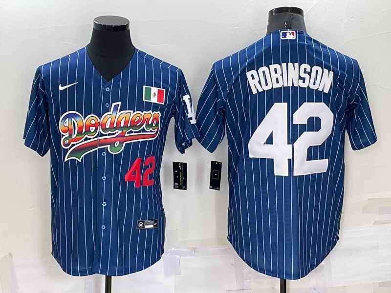 Men's Los Angeles Dodgers #42 Jackie Robinson Navy Mexico Rainbow Cool Base Stitched Baseball Jersey