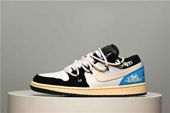 Women's Running Weapon Air Jordan 1 Low Black/White/Blue Shoes 0397