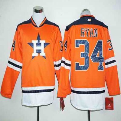 Astros #34 Nolan Ryan Orange Long Sleeve Stitched MLB Jersey