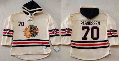 Blackhawks #70 Dennis Rasmussen Cream Heavyweight Pullover Hoodie Stitched NHL Jersey