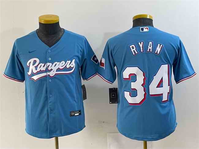 Youth Texas Rangers #34 Nolan Ryan Blue With Patch Stitched Baseball Jersey