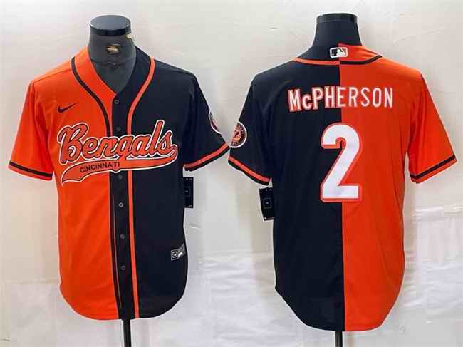 Men's Cincinnati Bengals #2 Evan McPherson Black/Orange Split With Patch Cool Base Stitched Baseball Jersey