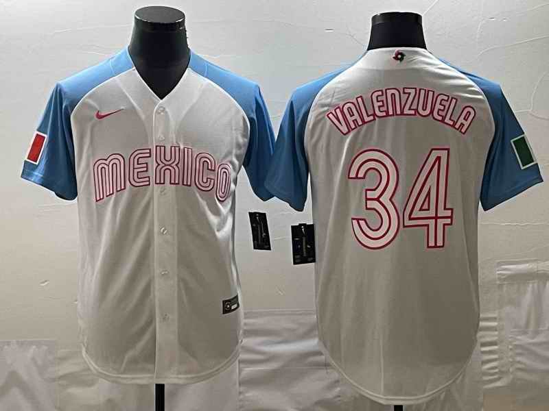 Men's Mexico Baseball #34 Fernando Valenzuela 2023 White Blue World Baseball Classic Stitched Jersey