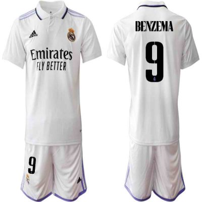 Men's Real Madrid #9 Karim Benzema 22/23 White Home Soccer Jersey Suit