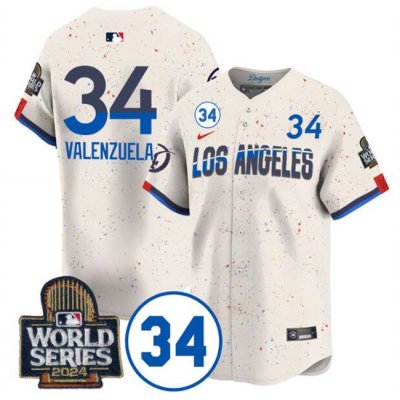 Men's Los Angeles Dodgers #34 Toro Valenzuela Cream 2024 World Series With No. 34 Patch City Connect Limited Stitched Baseball Jersey