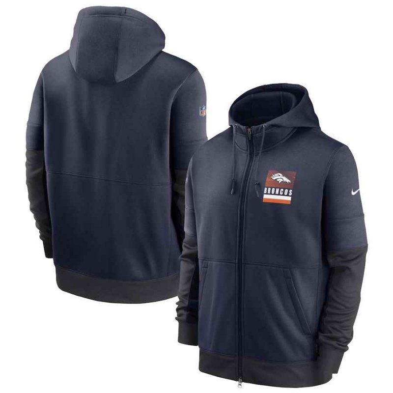 Men's Denver Broncos Navy Sideline Impact Lockup Performance Full-Zip Hoodie