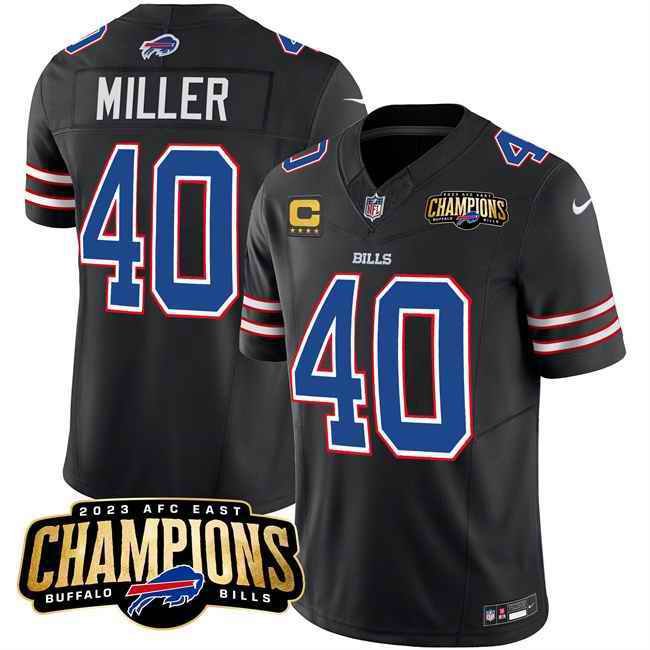 Men's Buffalo Bills #40 Von Miller Black 2023 F.U.S.E. AFC East Champions With 4-star C Ptach Stitched Football Jersey