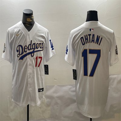 Men's Los Angeles Dodgers #17 Shohei Ohtani White Gold 2024 World Series Home Limited Stitched Baseball Jersey