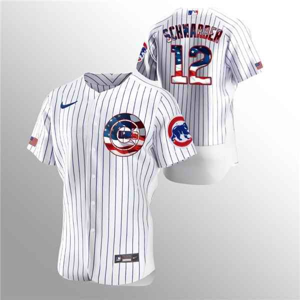 Men's Chicago Cubs #12 Kyle Schwarber White 2020 Stars & Stripes Flex Base Stitched Jersey