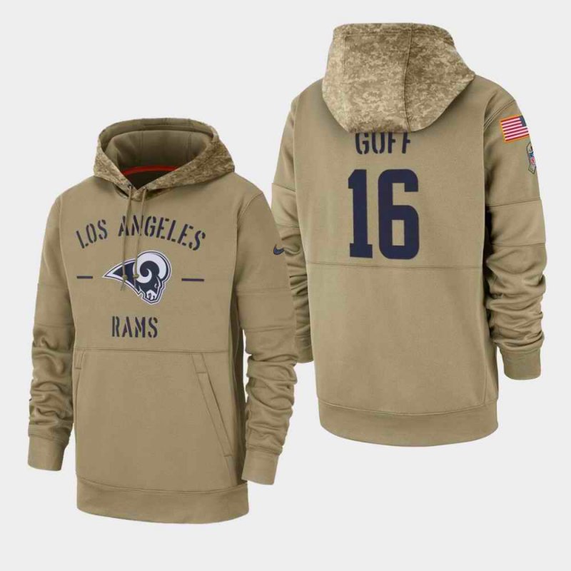 Men's Los Angeles Rams #16 Jared Goff Tan 2019 Salute to Service Sideline Therma Pullover Hoodie