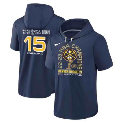 Men's Denver Nuggets #15 Nikola Jokic Navy 2022-23 Champions Performance Short Sleeve Pullover Hoodie