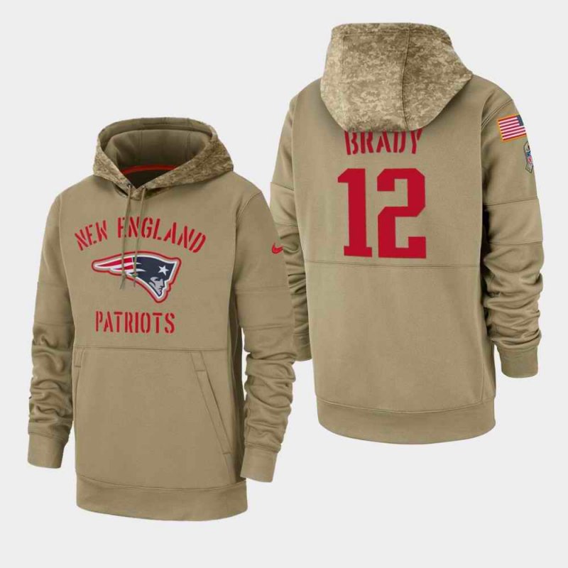 Men's New England Patriots #12 Tom Brady Tan 2019 Salute to Service Sideline Therma Pullover Hoodie