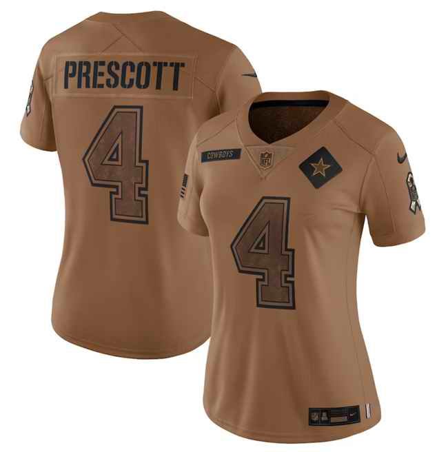 Women's Dallas Cowboys #4 Dak Prescott 2023 Brown Salute To Service Limited Stitched Football Jersey(Run Small'