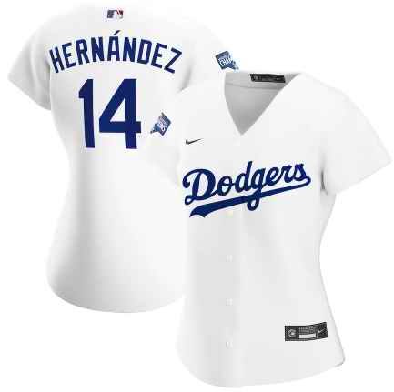 Women's Los Angeles Dodgers #14 Kik' Hern'ndez White 2020 World Series Champions Home Patch MLB Stitched Jersey(Run Small)