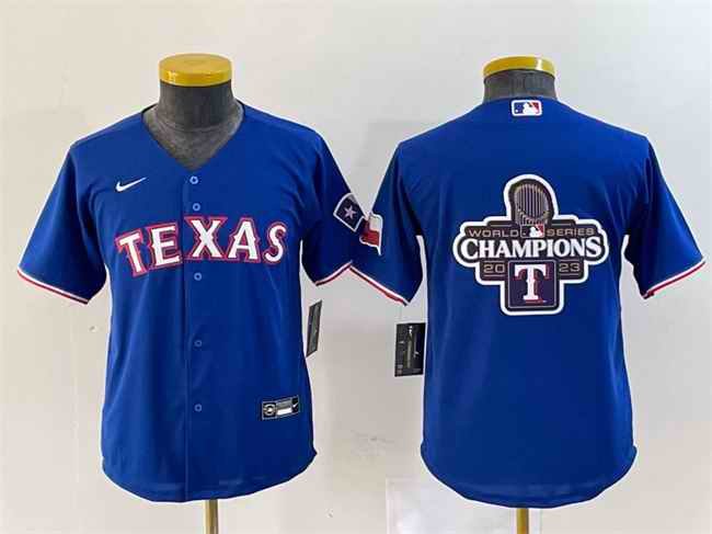 Youth Texas Rangers Royal 2023 World Series Champions Big Logo With Patch Stitched Baseball Jersey