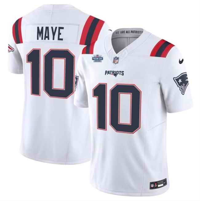 Men's New England Patriots #10 Drake Maye White 2024 With Draft Patch F.U.S.E  Vapor Limited Stitched Football Jersey