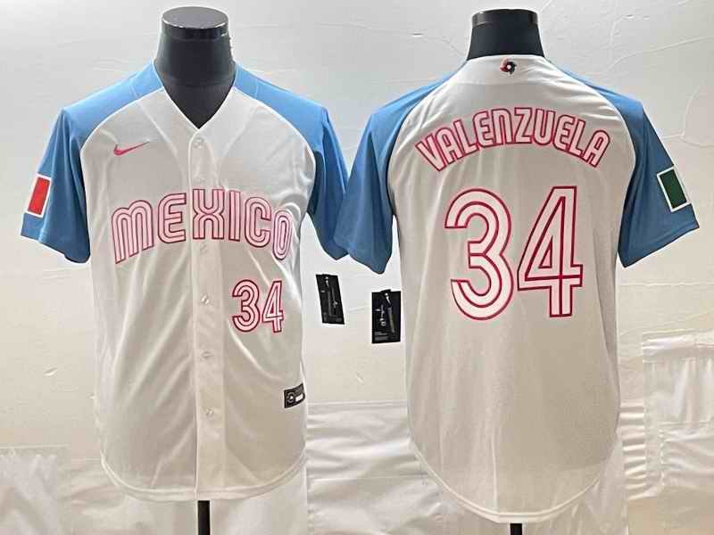 Men's Mexico Baseball #34 Fernando Valenzuela 2023 White Blue World Baseball Classic Stitched Jersey