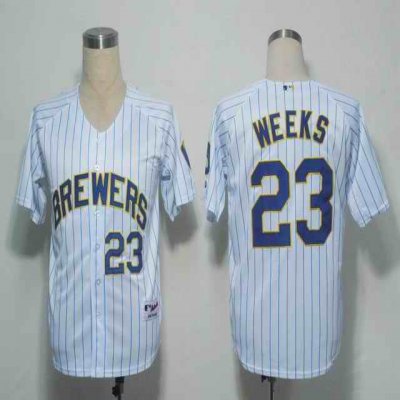 Brewers #23 Rickie Weeks White Blue Strip Stitched MLB Jersey