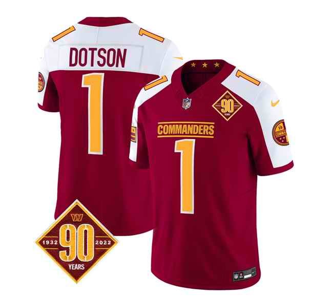 Men's Washington Commanders #1 Jahan Dotson Burgundy/White 2023 F.U.S.E. 90th Anniversary Vapor Limited Stitched Football Jersey