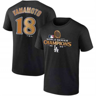 Men's Los Angeles Dodgers #18 Yoshinobu Yamamoto Black 2024 World Series Champions Name & Number T-Shirt