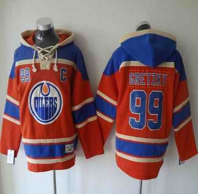 Oilers #99 Wayne Gretzky Orange Sawyer Hooded Sweatshirt Stitched NHL Jersey