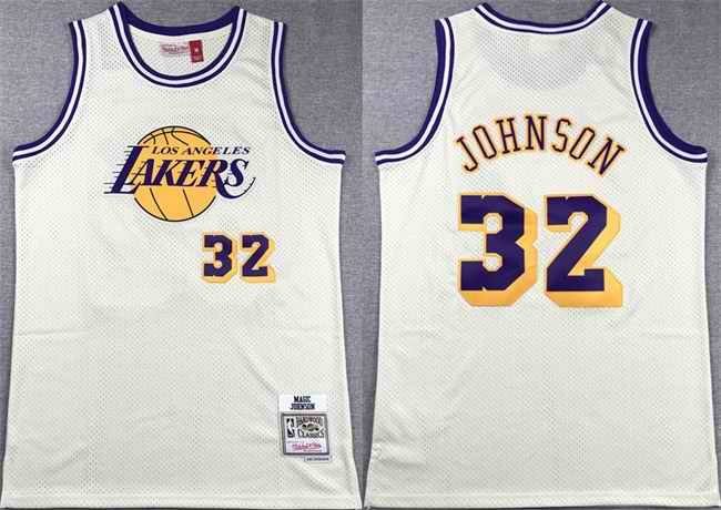 Men's Los Angeles Lakers #32 Magic Johnson White Throwback basketball Jersey