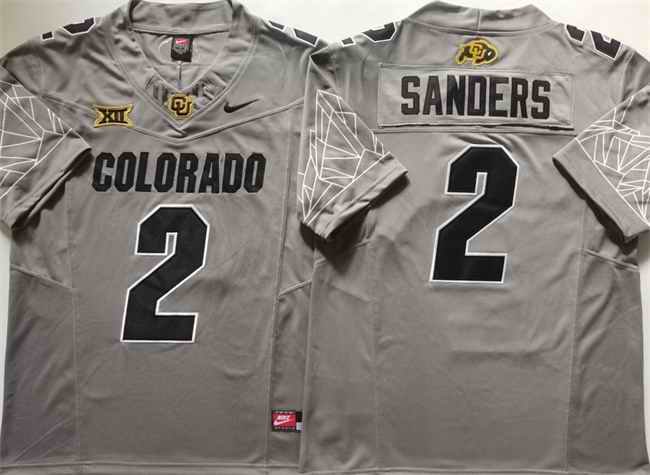 Men's Colorado Buffaloes #2 Shadeur Sanders Grey 2024 With Big 12 XII Patch 2024 F.U.S.E Stitched Football Jersey