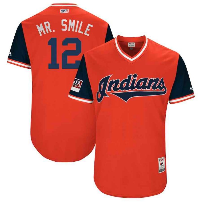 Men's Cleveland Indians #12 Francisco Lindor Mr. Smile Majestic Red/Navy 2018 Players' Weekend Stitched MLB Jersey