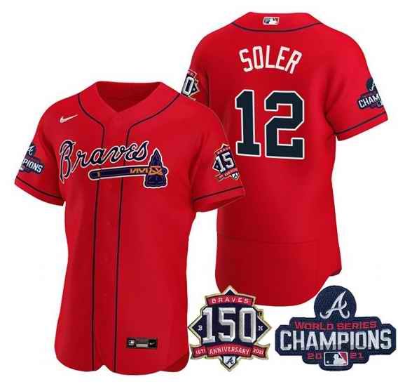 Men's Atlanta Braves #12 Jorge Soler 2021 Red World Series Champions With 150th Anniversary Flex Base Stitched Jersey