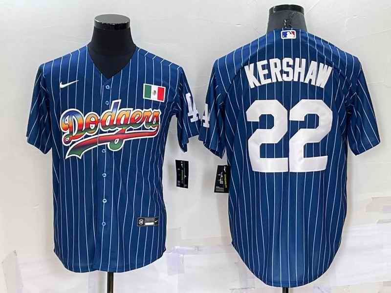 Men's Los Angeles Dodgers #22 Clayton Kershaw Navy Mexico Rainbow Cool Base Stitched Baseball Jersey