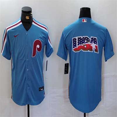 Men's Philadelphia Phillies Team Big Logo Blue Cool Base Stitched Jersey