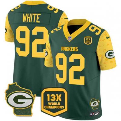 Men's Green Bay Packers #92 Reggie White Cheese Green 2024 F.U.S.E. 13 Time World Champions And Home Patch Vapor Untouchable Limited Stitched Football Jersey